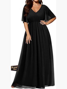 Plus Size Formal Chiffon Maxi Dress with Ruffle Sleeves and V-Neck